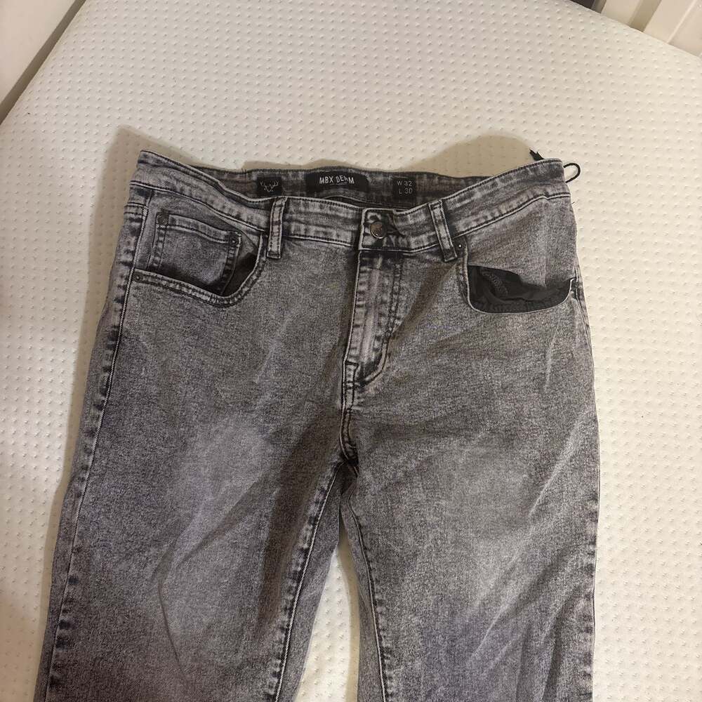 MBX Slim Straight Stretch Jeans 36x30 Blue Wear Distressed Whiskered Light Wash